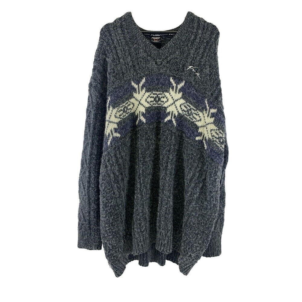 Fubu Fair Isle Sweater Gray V-Neck Pullover Fuzzy Cableknit Mens Plus‎ 3XL XXXL